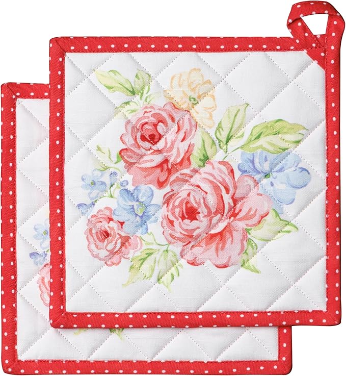 Maison d' Hermine Pot Holders Set 100% Cotton Heat Resistant Potholders 8" x 8" Hot Pads with Loop BBQ, Cooking, Baking, Grilling, Kitchen, Handling Hot Pans Spring/Summer (Pack of 2,Vintage Floral)