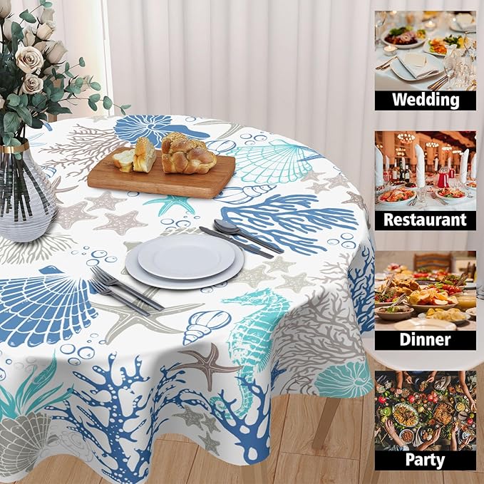 Nautical Coastal Round Tablecloth 70 Inch Summer Ocean Seashell Starfish Coral Sea Horse Table Cloth Rustic Farmhouse Beach Theme Table Cover for Kitchen Dinner Party Decor