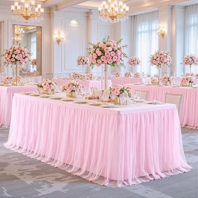 6ft Pink Tulle Tablecloth for Rectangle Tables 6 Foot Pink Table Cloth Rectangle Wrinkle Free Stretch Table Cover with Tutu Skirt for Baby Shower Girls Birthday Party Banquet Buffet Desk Skirt