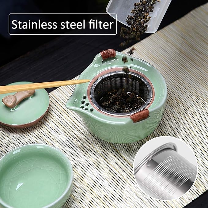 Travel Ceramic Tea Pot Set, Chinese Kung Fu Teapot 1 Pot 2 Mini Cup Porcelain Gongfu Teacups with Infuser Portable Bag All in One for Picnic Outdoor Camping Hotel