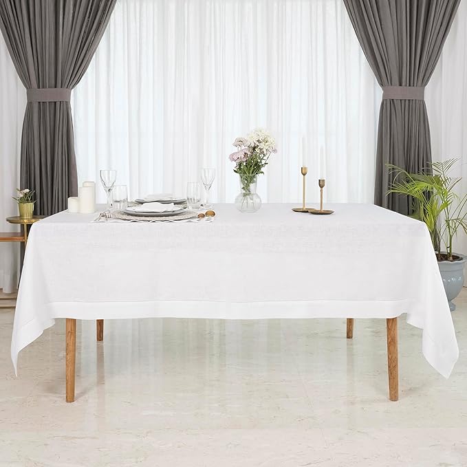 D'Moksha Homes White Linen Tablecloth for Rectangle Tables 60 x 144 Inch - 100% Pure Linen White Table Cloth - Classic Hemstitch, Machine Washable Dining Tablecloth for Valentines, Spring, Easter