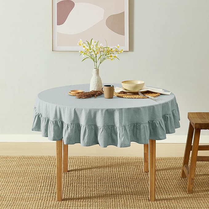 MONDAY MOOSE Ruffle Farmhouse Rustic Round Natural Stonewashed Cotton Tablecloth for Kitchen, Dining Room, Restaurant (60" Round, Slate Blue)