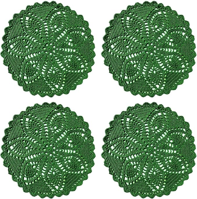 BIBITIME Pineapple Flower Lace Doilies Handmade Crochet Placemats Table Coasters Vintage Wedding Party Decor (Green, 11 to 12 inches-4PCS)