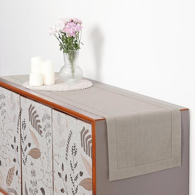 D'Moksha Homes Linen Natural Table Runner 48 Inches - Classic Hemstitch, 100% Pure Linen Coffee Table Runner 14 x 48 Inch Ideal for Dresser Tables, Valentines, Spring, Easter