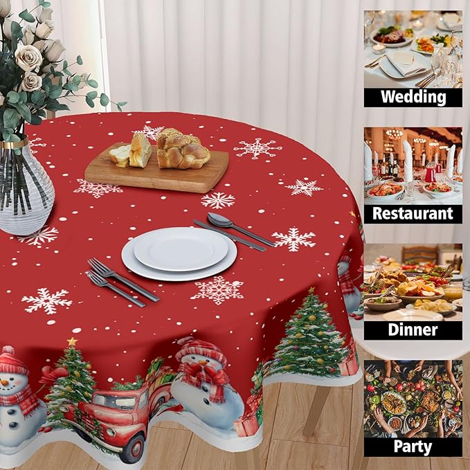 Round Christmas Tablecloth 60 Inch Xmas Red Snowman Truck Tree Snowflake Circle Table Cloth Winter Holiday Decorative Table Cover for Kitchen Dinner Home Decor
