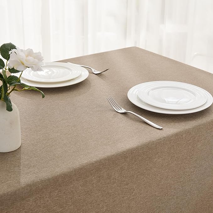 Faux Linen Tablecloths for Rectangle Tables, 2 Pack Burlap Textured Table Cloths Washable Farmhouse Table Cover Water Resistant for Dining, Wedding, Outdoor(Khaki, 60"×120")