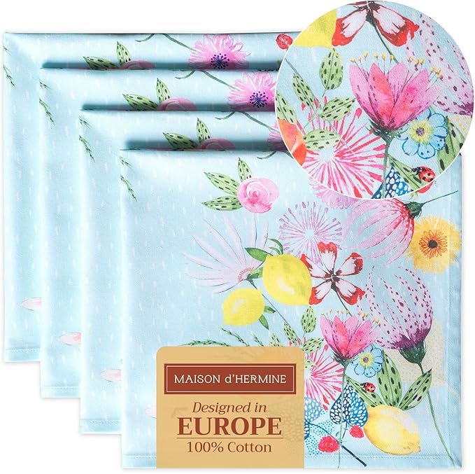 Maison d' Hermine Cloth Napkins Set of 4 100% Cotton Everyday Reusable Square Napkins Cloth Washable Dinner Wedding Restaurant Valentines Day Decorations Spring/Summer (Jardin D'Ete - Mint, 20" x 20")