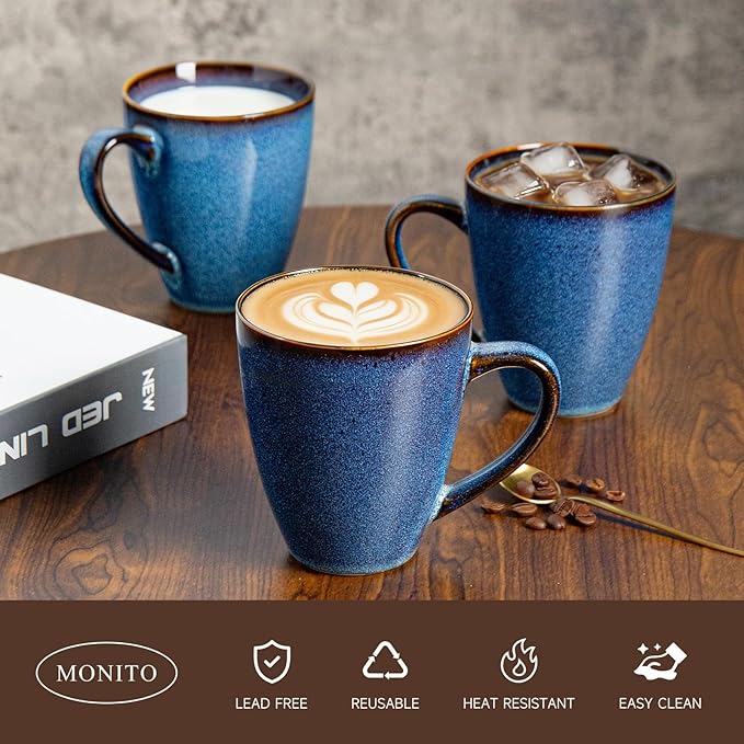 MONITO 17 OZ Coffee Mugs Set of 6, Large Ceramic Blue Coffee Mugs Set with handle for Tea/Latte/Milk/Cocoa, Funny Tea Cups for Office and Home, Engagement Gifts. (Starry Blue)