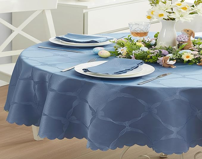 Newbridge Ribbons and Bows Damask Spring & Easter Holiday Fabric Napkins, Blue, Set of 4 Square, Wrinkle & Stain Resistant Table Cover