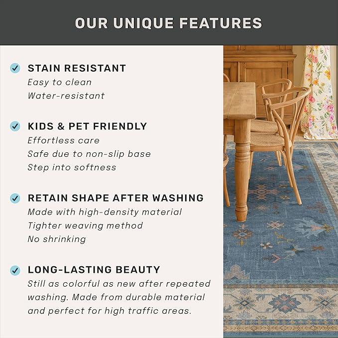 Light Blue 2x7 Washable Kitchen Runner - Boho Non Slip Runner Rug for Hallway, Bedroom Beside Bed,Entryway, Low Pile Floral Eclectic Unique Runner Décor