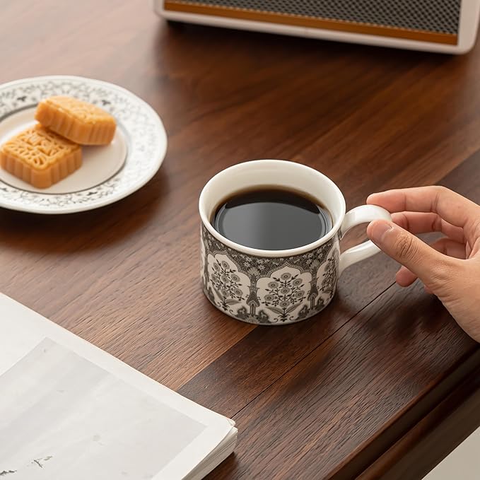 Ceramic Coffee Mug with Saucer 8 OZ Turkish Iznik Gray Daisy Flower Porcelain Coffee Cup Set for Home Office Women Men Gifts CM05