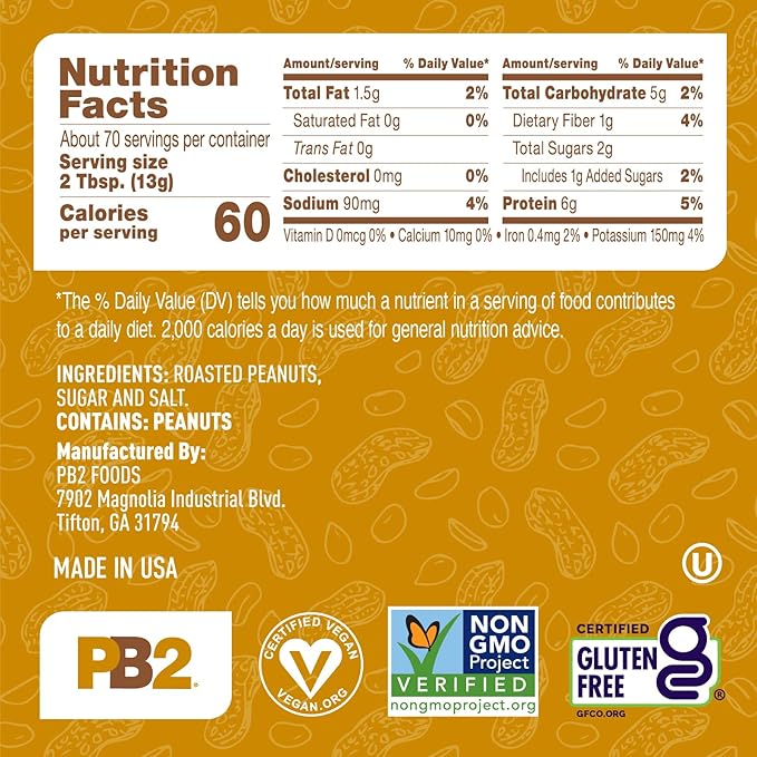 PB2 Original Powdered Peanut Butter - [32 Ounce Jar] 6g of Protein, 90% Less Fat, Certified Gluten Free, Only 60 Calories per Serving, Perfect for Protein Shakes, Smoothies, and Low-Carb, Keto Diets