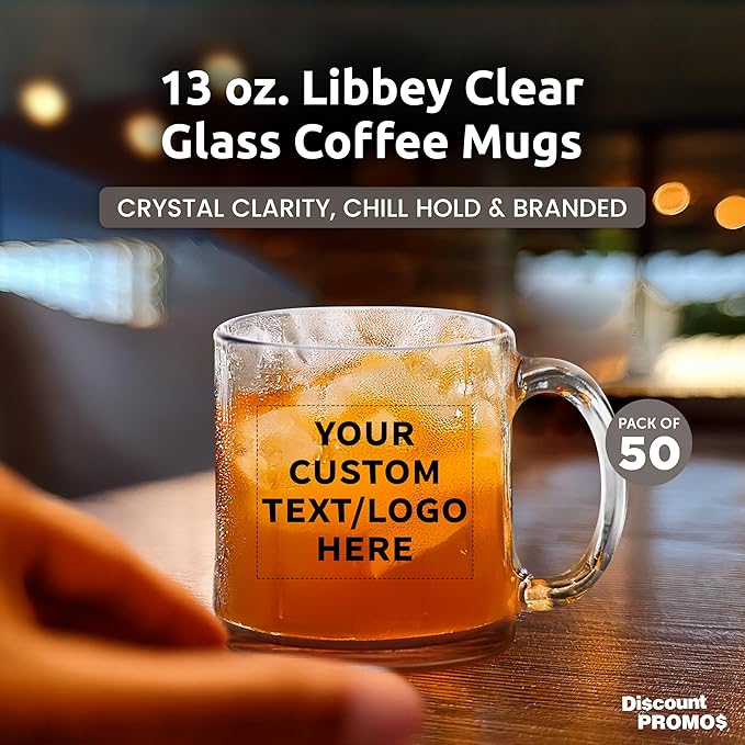 Custom Libbey Clear Glass Coffee Mugs 13 oz. Set of 50, Personalized Bulk Pack - Perfect for Coffee, Tea, Espresso, Hot Cocoa, Other Beverages - Black Bottom