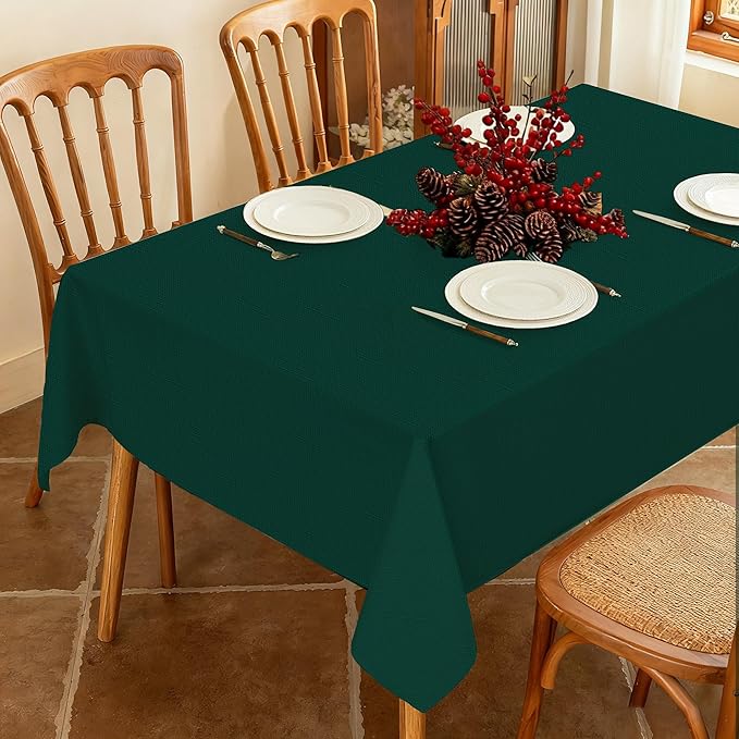Winter Green Textured Fabric Rectangle Tablecloth Faux Linen Water Resistant Rectangular Table Cloth Washable for Dinig Party Holiday Decoration 60 x 102 Inch