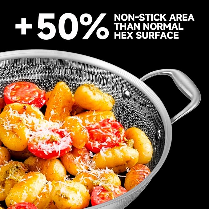 LOLYKITCH 13 Inch New Hybrid Tri-Ply Stainless Steel Wok Pan with Lid,Ceramic Non Stick Stir-Fry Pans,Induction Cooking Pot,Dishwasher and Oven Safe