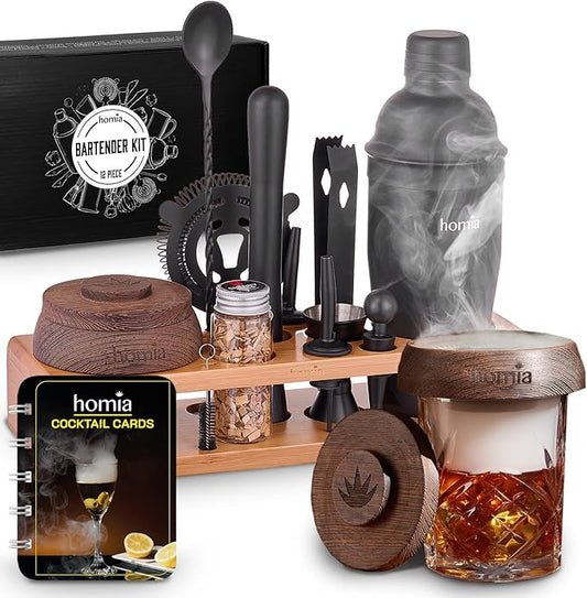 Bartender Kit with Whiskey Smoker - 13 pcs, Bamboo Stand - Bar Set with Cocktail Shaker, Bartending Kit with Essential Bar Accessory Tools, Wood Chips, Black Matte