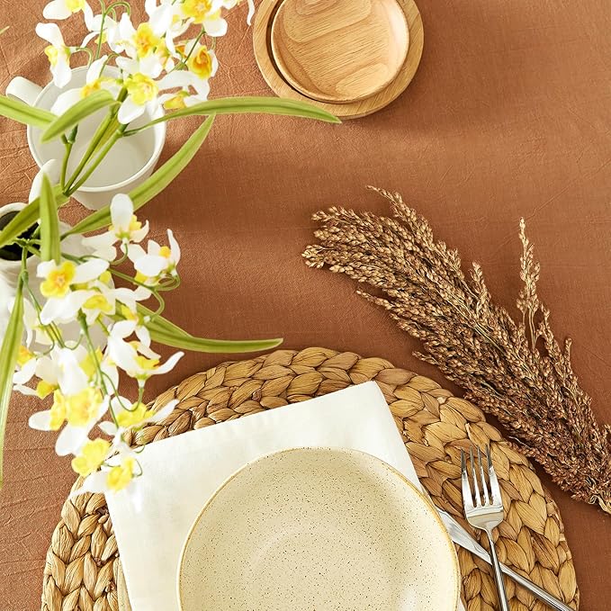 MONDAY MOOSE Ruffle Farmhouse Rustic Round Natural Stonewashed Cotton Tablecloth for Kitchen, Dining Room, Restaurant (60" Round, Cinnamon)