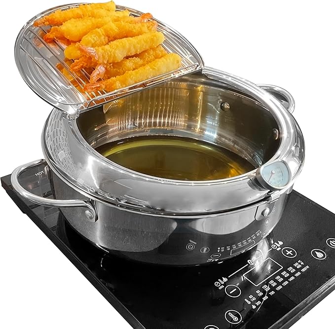 Deep Fryer Pot (°F), 11"/4.4Qt (4.2 L) Extra Large Tempura Frying Pot with Lid, 304 Stainless Steel Fry Pot with Fahrenheit Thermometer and Oil Drip Drain Rack