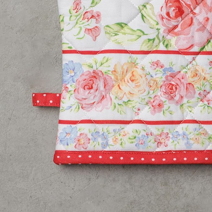 Maison d' Hermine 100% Cotton Oven Mitt & Pot Holder Set (7.5"x13" & 8"x8") Heat Resistant BBQ Cooking Gloves with Loop, Baking, Grilling, Kitchen, Handling Hot Pans Spring/Summer (Vintage Floral)