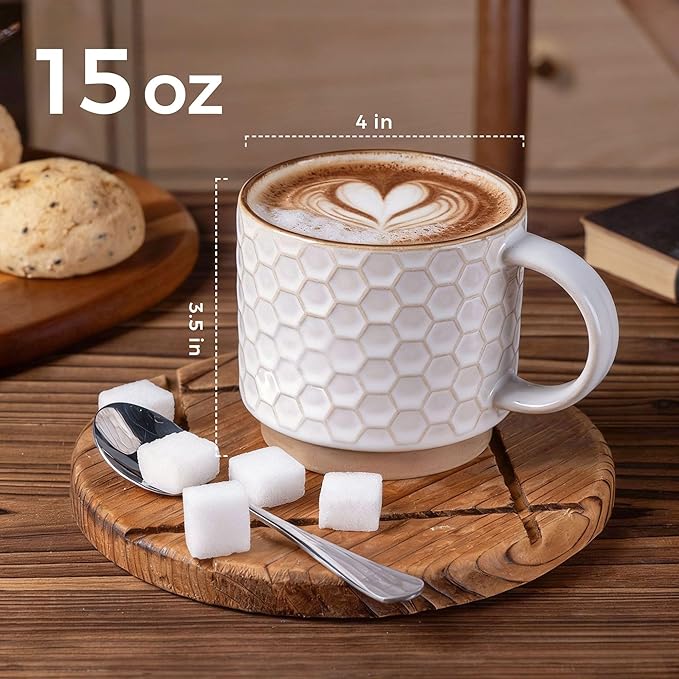 GBhome 15OZ Stackable Coffee Mugs, Ceramic Coffee Mugs with Texture Patterns for Man,Woman,Dad,Mom, Modern Coffee Mugs Set of 4 for Latte/Cappuccino/Cocoa. Dishwasher&Microwave Safe, Off White | for Man, Woman, Dad, Mom