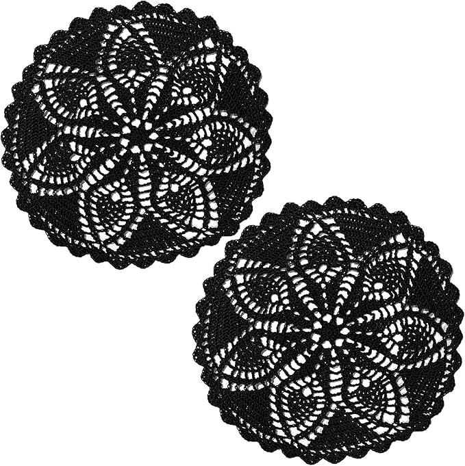 BIBITIME 2 PCS Lace Flower Placemats 11.5 inches Table Doilies Round Handmade Crochet Doily Kitchen Cup Coasters Coffee Mug Knitted Mats,Black