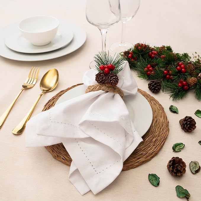 Blue Needles Set of 12 Hemstitch Linen Napkins 100% Cotton White Cloth Dinner Napkins 18x18 inches, Soft, Reusable, Absorbent, Washable, Ideal for Wedding Events, Parties & Everyday Use