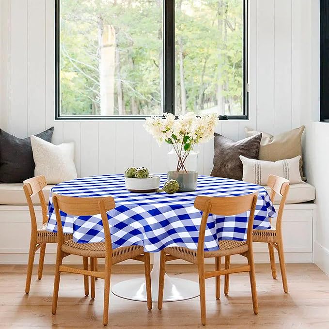 Hiasan Checkered Round Tablecloth 90 Inch - Waterproof Stain and Wrinkle Resistant Washable Fabric Table Cloth for Dining Room Party Outdoor Picnic, Royal Blue and White