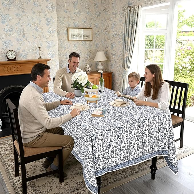 Ridhi Hand Block Print Baby Blue Eyes Rectangle Cotton Tablecloth 108" x 70" Reusable Table Cover Decorative Everyday Use for Dining, Farmhouse, Home Gift for Spring, Easter, Valentine