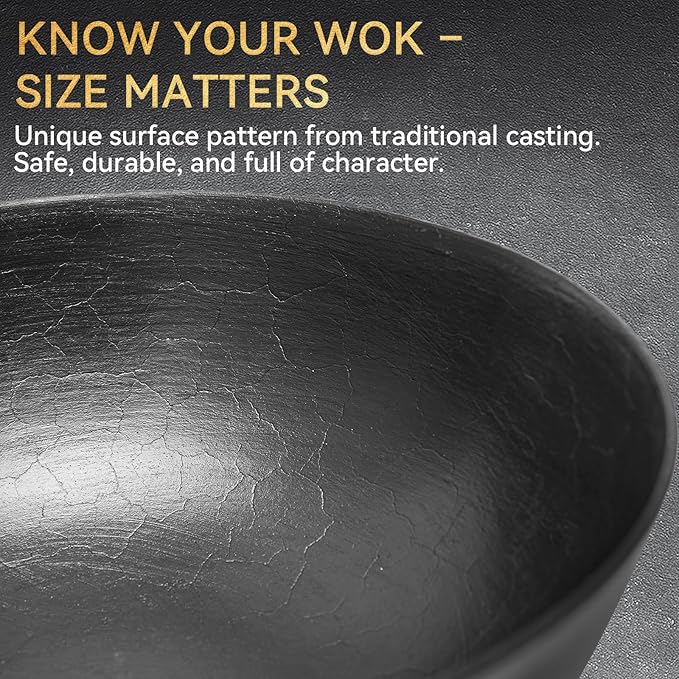 WANGYUANJI 10.2 Inch Cast Iron Wok with Lid, Flat Bottom Small Stir-Fry Pan with Wooden Handle, Uncoated Cast Iron Skillet for Gas, Induction and Electric Stovetops