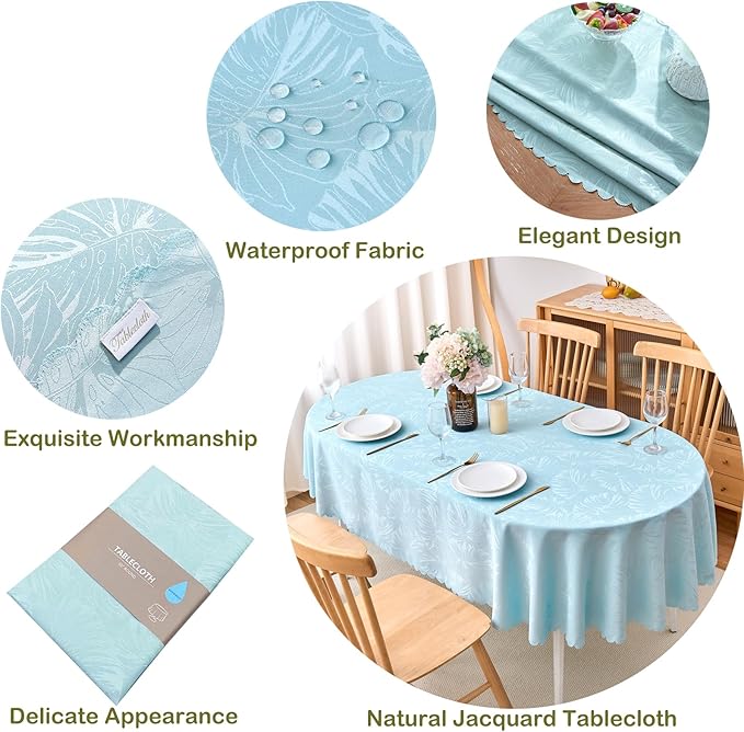 Oval Tablecloth 60x84 Inch Blue Table Cloth Leaves Pattern Scalloped Edge Silky Soft Fabric Waterproof Wrinkle Free Washable Table Cover for Kitchen Dinning Party Decoration