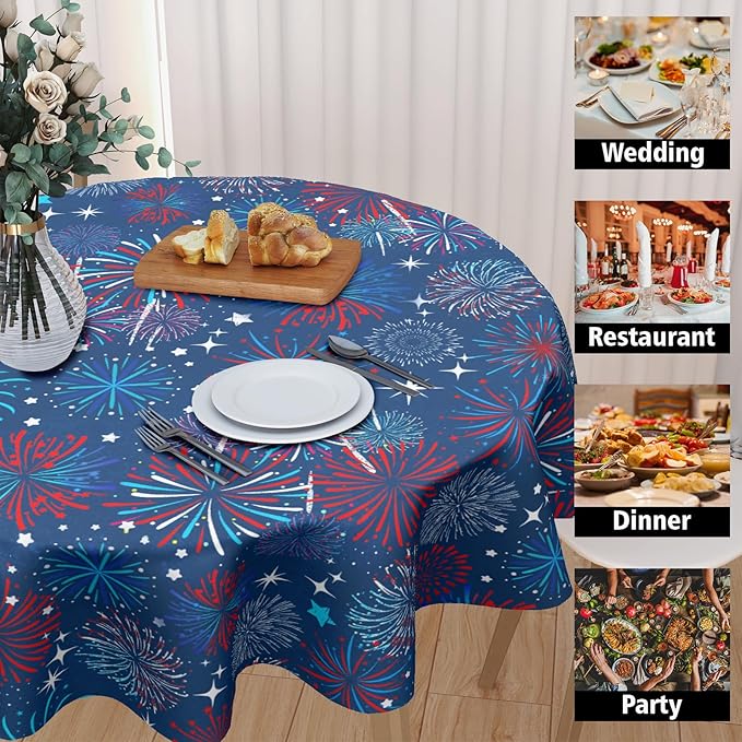 4th of July Round Tablecloth 70 Inch Patriotic Red and Blue Fireworks Polyester Table Cloth Independence Day Memorial Day Table Cover Decoration for Kitchen Dinner Party