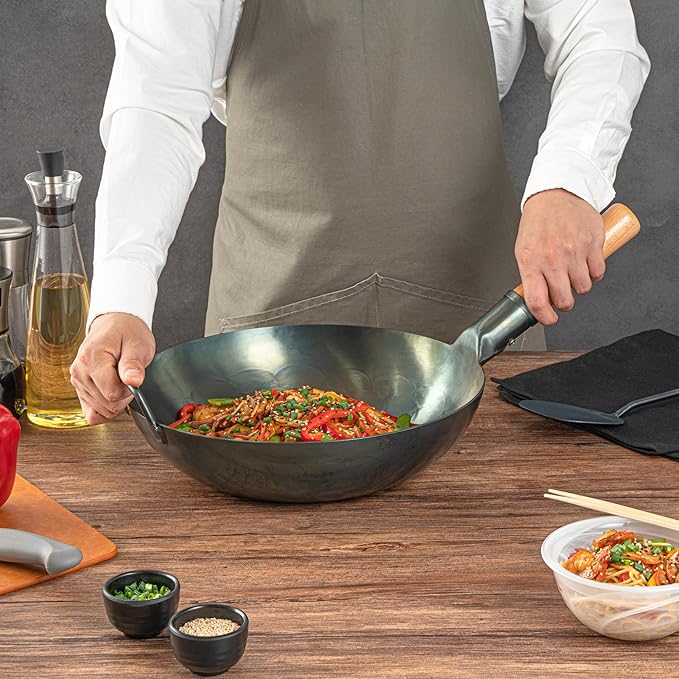 Restaurantware-Motomori 12 Inch Blue Carbon Steel Wok Pans, 10 Traditional Japanese Woks - Flat Bottom, Hand-Hammered, Carbon Steel Traditional Stir Fry Pans, With Wooden Handle