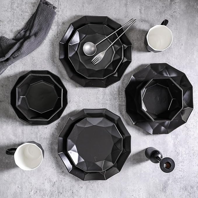 Stone + Lain Jamie Porcelain 16-Piece Geometric Dinnerware Set, Black