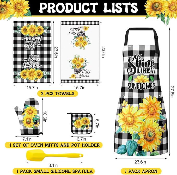 Hoolerry 6 Pcs Kitchen Apron Dish Towels Oven Mitts and Pot Holders with Spatula for Women Wife Grandma Cooking Baking Gifts