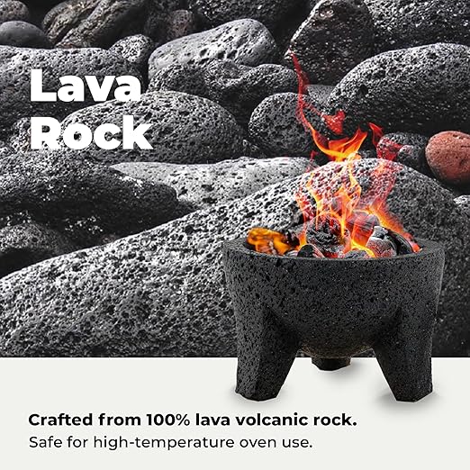 Molcajete Mexicano 8-Inch Guacamole Bowl with Pestle and Mortar Bowl Set, Volcanic Rock Molcajete, Oven Safe, Handmade in Mexico, Includes Cutting Board and Instructions, 750ml - Black Stone