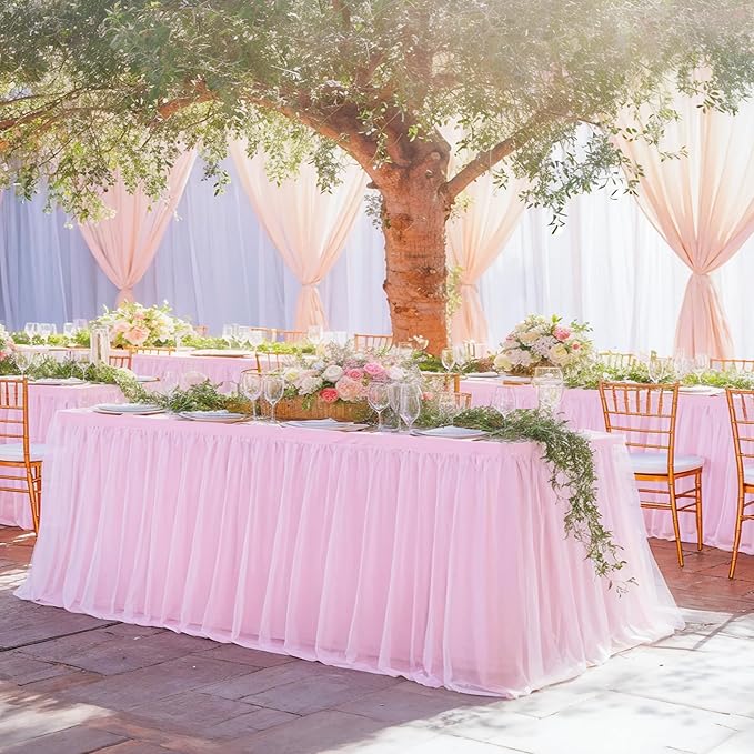 2 Pack 8ft Pink Tablecloths for Rectangle Tables, 8 Foot Pink Rectangular Table Cloth, Wrinkle Free Table Cover with Tutu Skirt for Baby Shower Girls Birthday Party Banquet Buffet Cake Decorations