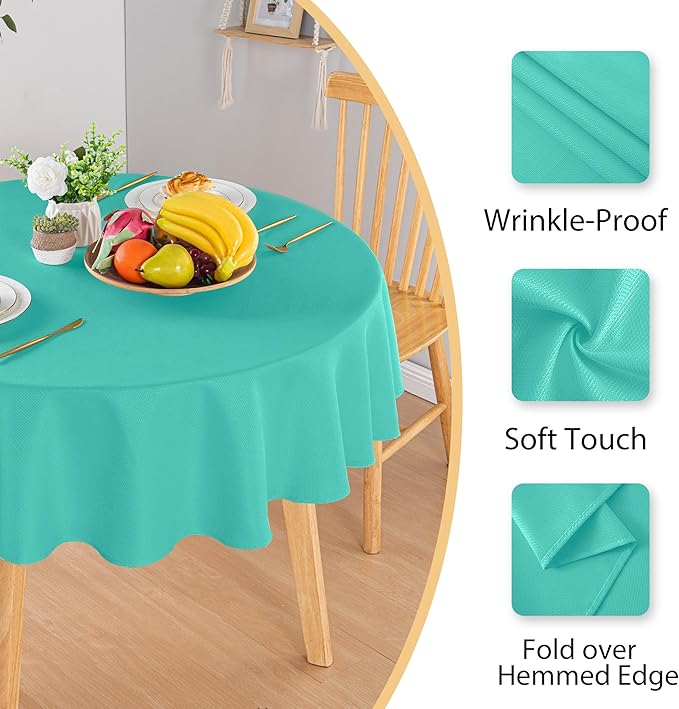 Hiasan Round Textured Tablecloth 60 Inch - Waterproof Spillproof Antiwrinkle Jacquard Table Cloth, Decorative Polyester Table Cover for Kitchen, Outdoor Picnic, Holiday and Parties, Aqua