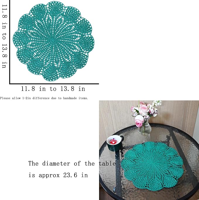 BIBITIME Round Flower Lace Doilies Vase Mats Kitchen Tablecloth Dish Plate Mat Handmade Crochet Table Doily Placemats (Peacock, 11.8 in to 13.8 in,1PC)