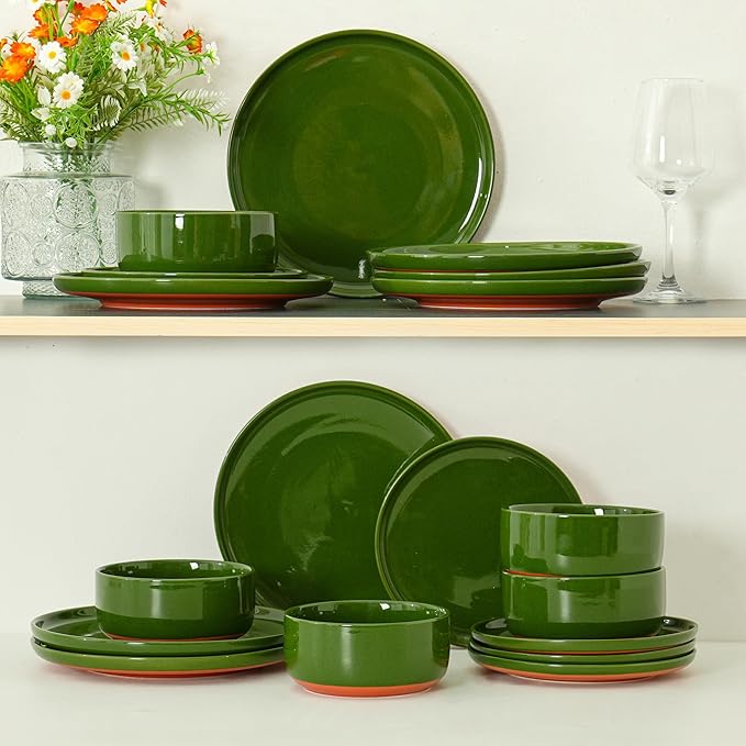 8-Inch Plates Set of 4, Dual Glaze Stoneware Plate, Microwave and Dishwasher Safe, Ceramic Plates for Salads & Desserts, Forest Glaze Green