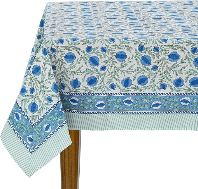Ridhi Hand Block Print Queen Blue Rectangle Cotton Tablecloth 140" x 72" Reusable Table Cover Decorative Everyday Use for Dining, Farmhouse, Home Gift for Spring, Easter, Valentine