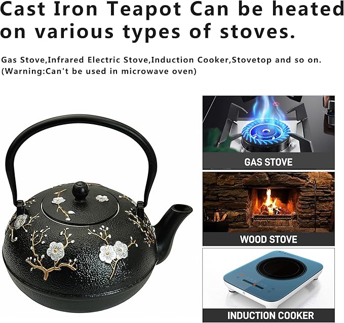 YJX 60.9oz Large Cast Iron Teapot for Stovetop, Japanese Tetsubin, Heavy and Durable Tea Pot, Tea Kettle with Stainless Steel Infuser for Loose Tea, Floral Pattern(1800ML)