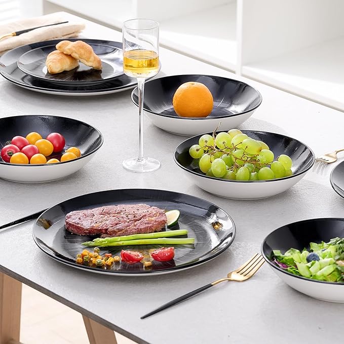 Bestone 12-Piece Round Porcelain Dinnerware Set, Service for 4, Chip Resistant Plates and Bowls, Starburst Turquoise Black, Dishwasher & Microwave Safe for Home Daily Use