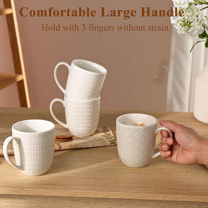 Embossment Coffee Mugs Set of 4, 12 oz Ceramic Coffee Cups Set, White Tea Cups with Large Handle for Latte, Cappuccino, Mocha, Cocoa, Microwave & Dishwasher Safe