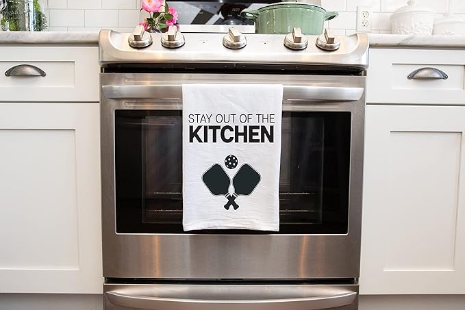 Funny Kitchen Towel - Stay out of the Kitchen Pickleball Dish Cloth - Gift for Him or Her - Pickle Ball Gift - Retirement - Christmas - Mothers Day - Fathers Day - Birthday (Stay Out of the Kitchen)