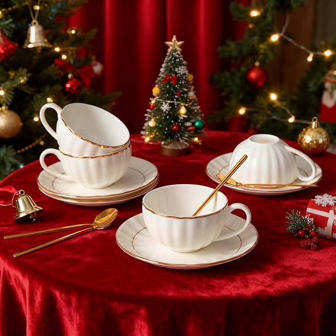 Bone China Tea Cups and Saucers Set (6 oz, Set of 4) – White Luxury Fine Porcelain Mugs for Tea, Coffee, Latte Art, Barista Use, Elegant Gifting
