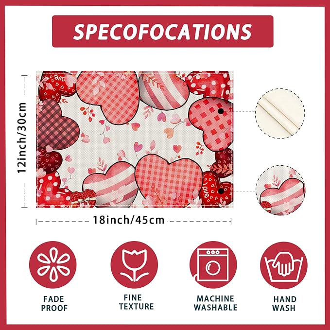 XCHI Love Hearts Valentine's Day Placemats Set of 4 Table Mats for Party Home Kitchen Dining Table Decorations 12x18 Inch