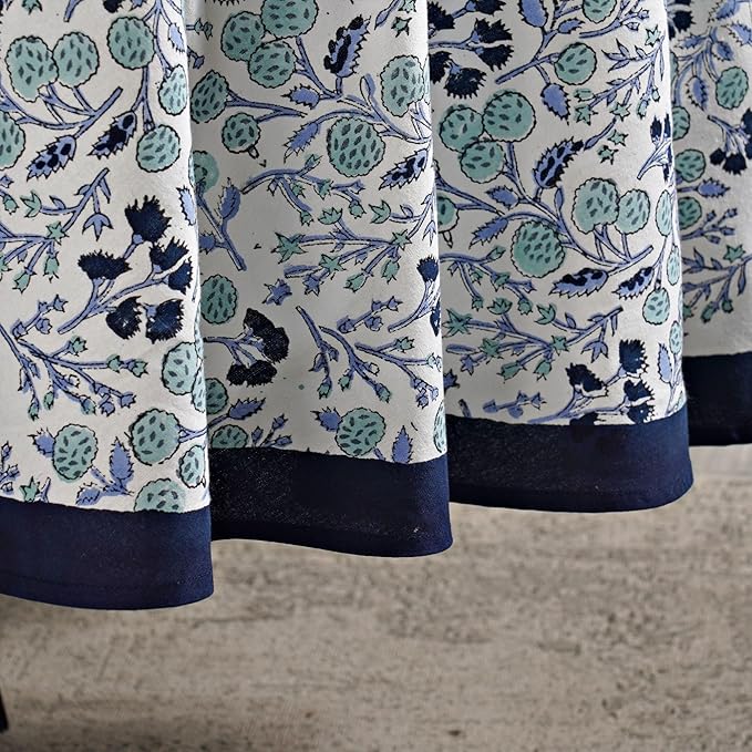 Ridhi Block Print Round Denim Blue Reusable Tablecloth 100% Cotton 60" Inch Decorative Table Cover eveyday Dining, Home, Party, Wedding, Farmhouse Gift for Spring, Easter, Valentine