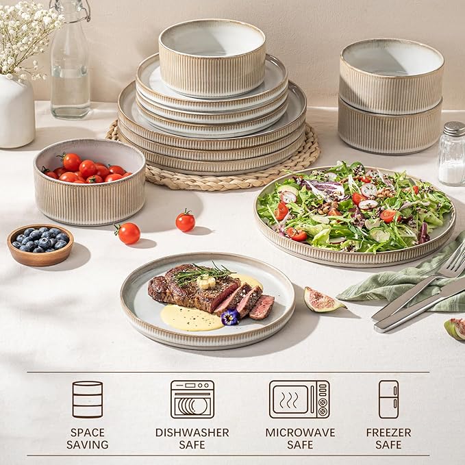 Ceramic Dinnerware Set 12 Piece – Plates and 22oz Bowls Set for 4, Scratch Resistant, Microwave & Dishwasher Safe, Beige