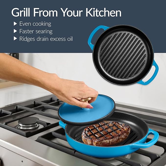 Best Choice Products Non-Stick Pot & Pan Cookware Set, Cast Iron, 2Qt Skillet W/Lid, 10" Grill Or Griddle Pan W/Press, 6Qt Enameled Dutch Oven, Non-toxic, For Cooking & Grilling - Blue