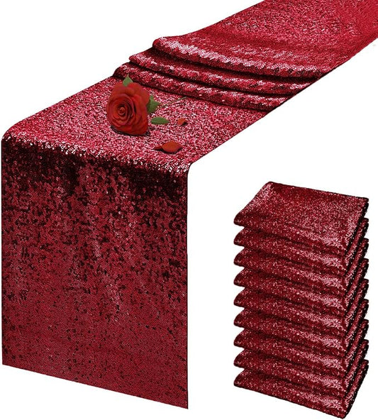 10 Packs 12 x 72 inches Burgundy Sequin Table Runner, Glitter Runner for Birthday Party Supplies Wedding Holiday Celebration Baby Shower Engagement Anniversary Decor